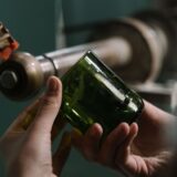 Handen inspecteren een groene glazen fles bij een werkbank